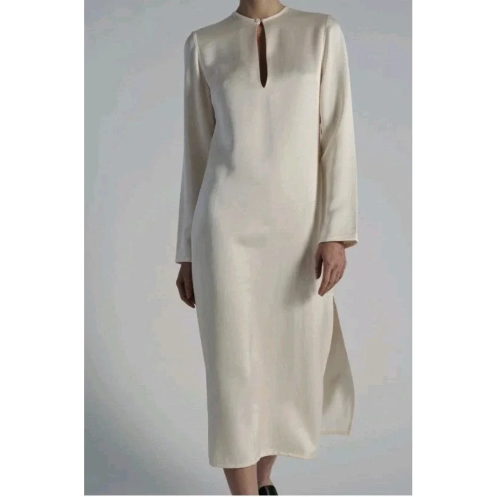 Saint Art Tuckernuck Isabel Satin Long Sleeve Midi Dress Ivory Modest Minimalist - Picture 1 of 9